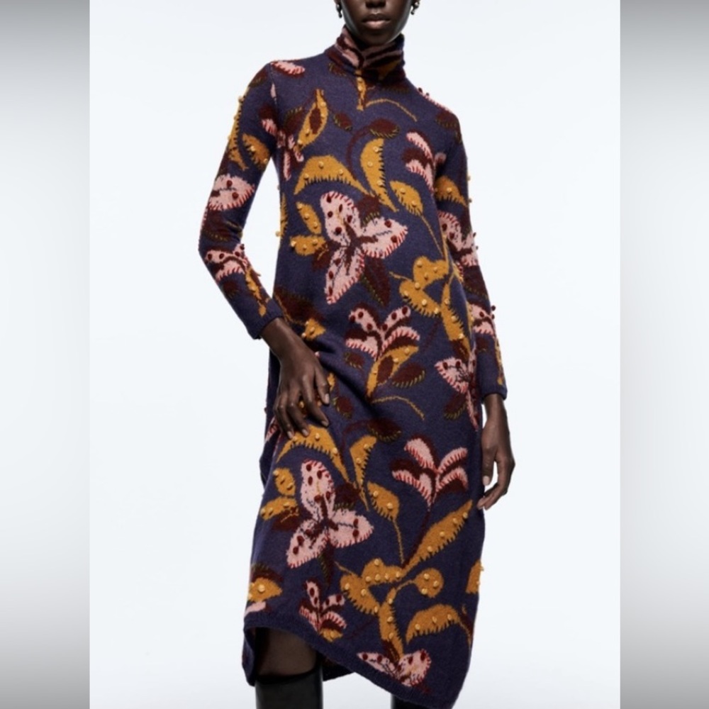 NEW Zara Floral Embroidered Long Sweater Dress Purple Sz Medium Handcrafted RARE